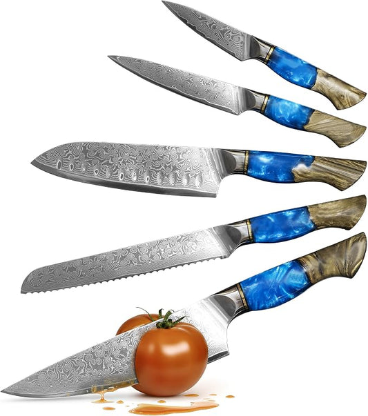 Damascus Kitchen Knife Set | 67-Layer Damascus Steel | Professional Japanese Chef Knife Set | Ergonomic Wood & Resin Handle | Gift Box Included (Blue, 5-Piece Set)