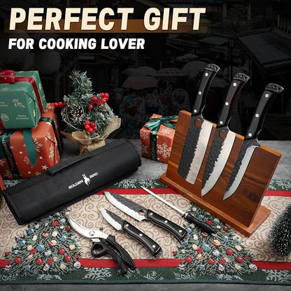 Golden Bird Japanese Chef Knife Set with Roll Bag, Hand Forged Butcher Knife Set for Meat Cutting, Outdoor BBQ Knives for Men, Christmas Gifts for Men Women