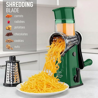 Zulay Kitchen Rotary Cheese Grater 5 Blade Cheese Shredder - Manual Hand Crank Cheese Grater With Reinforced Suction & 5 Interchangeable Drums - Easy to Use, Vegetable Chopper Round Mandoline Slicer