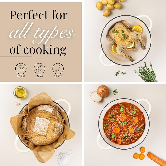 Nuovva Enamelled Cast Iron Dutch Oven Pot with Lid-6.4 Quart Non Stick Casserole Pot-Heavy Duty & Oven Safe up to 500° for Bread Baking, Braising, Stews, Roasting - 28cm Cream