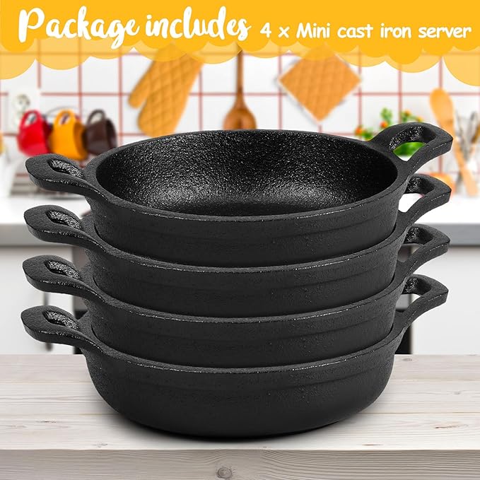 Ziliny Mini Cast Iron Skillets 5 x 5 x 1.3 Inch Cast Iron Pan Small Ramekin Set Black Casserole Dish Cookware Oven Safe Mini Skillets for Kitchen Indoor Outdoor Picnic (4 Pack)