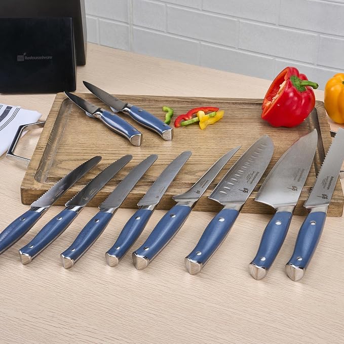 Restaurantware Sensei 10-Piece Knife Set 1 Sharp Professional Knife Set For Chefs - Damascus Steel 67 Layers Blue German Steel Steel Knife Set Ergonomic Handle For Multi Purpose Kitchen Use