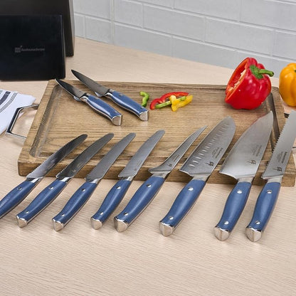 Restaurantware Sensei 10-Piece Knife Set 1 Sharp Professional Knife Set For Chefs - Damascus Steel 67 Layers Blue German Steel Steel Knife Set Ergonomic Handle For Multi Purpose Kitchen Use