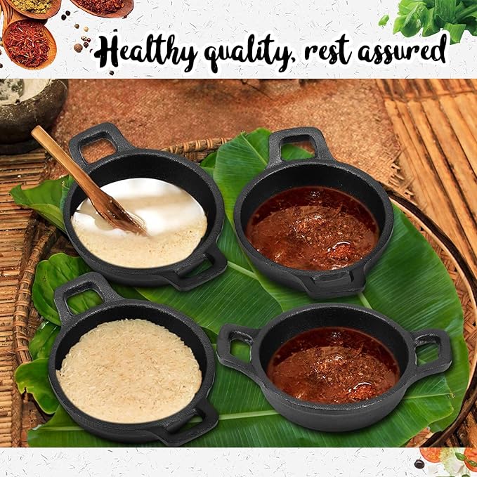 Ziliny 4 Pcs Small Cast Iron Skillets Set - Mini 4 x 1.2 Inches Skillet Ramekins With Handle - Black Serving Dishes Round Pan Oven Safe Cookware for Kitchen Picnic