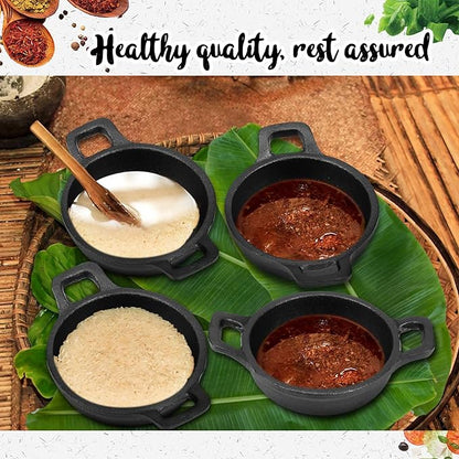 Ziliny 4 Pcs Small Cast Iron Skillets Set - Mini 4 x 1.2 Inches Skillet Ramekins With Handle - Black Serving Dishes Round Pan Oven Safe Cookware for Kitchen Picnic