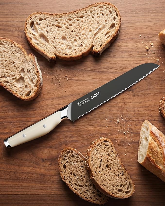 OOU 8 Inch Bread Knife, German 1.4116 Stainless Steel Kitchen Knife, Gunmetal Blade with AgShield & TinSharp Finish, Balanced ABS Handle, Serrated Bread Knife for Clean, Controlled Slicing