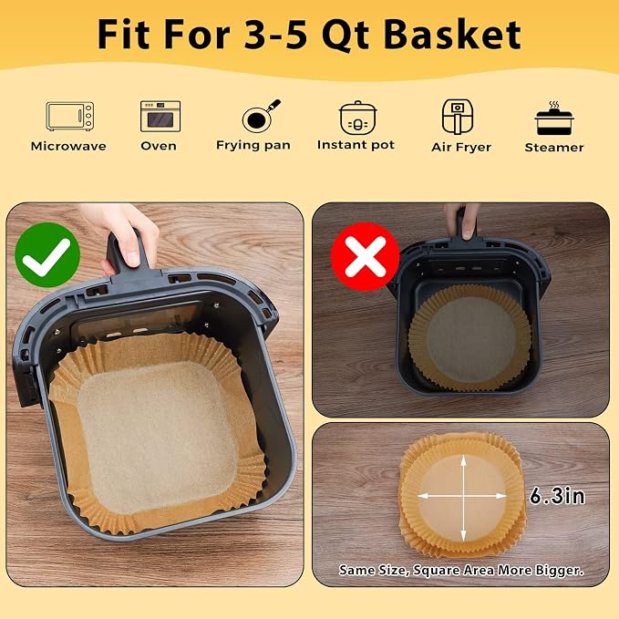 Air Fryer Disposable Paper Liners - 125Pcs 6.5In Square Parchment Paper Non-Stick Airfryer Basket Liners for Steamer Microwave Oven
