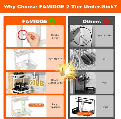 Under Sink Organizer, 2 Pack 2 Tier Under Sink Organizers and Storage, Slide Out Pull Out Cabinet Organizer Shelf, Height Adjustable Metal Drawer for Kitchen Bathroom Closet Organization Rack White
