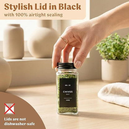 EDELHAUS Glass Spice Jars with Label and Black Aluminium Lids (24 x 4oz) Spice Containers with 240 Labels, Shaker Inserts, Steel Funnel, Empty Square Seasoning Organizer (Black Aluminium Lid)