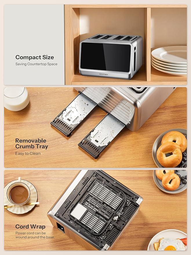 4 Slice Touchscreen Toaster, Digital Display Stainless Steel Toaster with Extra Wide Slots, 6 Shade Settings, Defrost Reheat Cancel Functions, Removable Crumb Tray