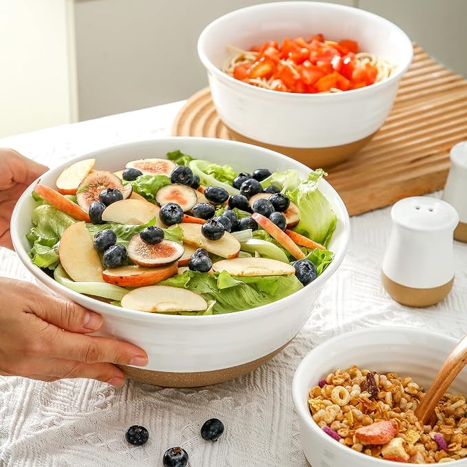 HASENSE Ceramic Mixing Bowls, Large Serving Salad Pasta Bowls Set, 2.1/1.0/0.5 Qt for Entertaining, White Nesting Batter Bowls for Prepping Baking, Dishwasher Microwave Safe, Set of 3