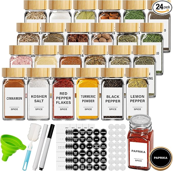 Glass Spice Jars with Label 24Pcs Spice Containers with Bamboo Lids 360 Labels 4oz Square Spice Bottles with Shaker Lids Funnel Brush Spice Organization for Cabinet Spice Rack Kitchen Storage