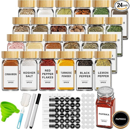 Glass Spice Jars with Label 24Pcs Spice Containers with Bamboo Lids 360 Labels 4oz Square Spice Bottles with Shaker Lids Funnel Brush Spice Organization for Cabinet Spice Rack Kitchen Storage