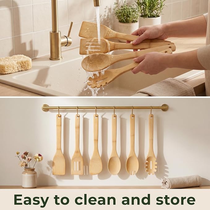 Bamboo Wooden Utensil Set, 6 Pcs - Nonstick Safe & Heat-Resistant Bamboo Utensils for Cooking - Easy to Clean & Sturdy Wooden Spoons for Cooking & Wood Spatula with Smooth Finish & Comfortable Handles