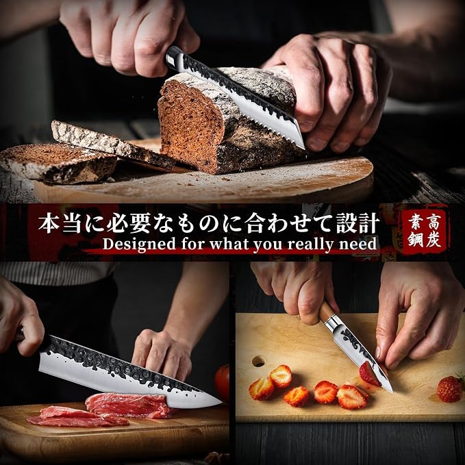 Huusk Japanese Kitchen Knife Set of 3, Professional Chef Knives Set for Kitchen, Sharp Cooking Knife Sets with Bread, Gyutou & Paring Knives, High Carbon Steel Sharp Cutting Knifes, Men Women Gifts