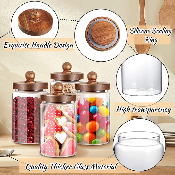 Gerrii 4 Pcs 32 oz Glass Food Storage Jar with Acacia Wood Lids Airtight Sealed Clear Glass Canisters Air Tight Glass Container Jar for Coffee Beans Nuts Loose Leaf Tea Sugar Spice Candy Rice Pasta