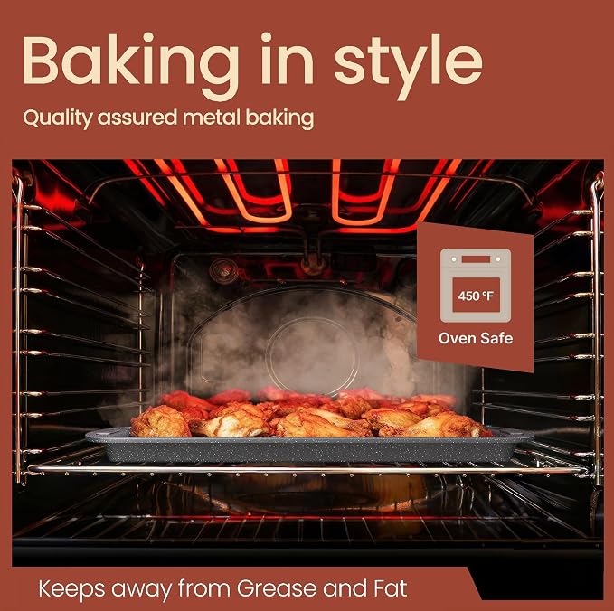 Cookie Sheet with Wire Rack Set, 2-Piece Nonstick Gray Marble Carbon Steel Pan & Cooling Rack, Space-Saving Stackable Set, PFOA, PFOS, PTFE Free, Oven Safe Up to 450°F, 17.4" Pan & 14.7" Rack