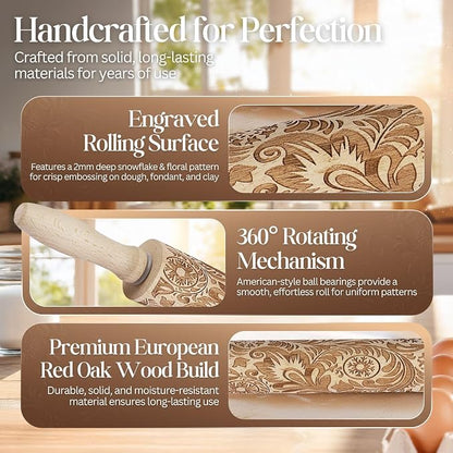 Flexzion Embossed Rolling Pins with Patterns for Baking, 7.7-inch Engraved Wooden Rolling Pin with Snowflake Flower Pattern Rolling Pin for Baking Pastry Pizza Dough Fondant Cookie Pie Crust Pasta