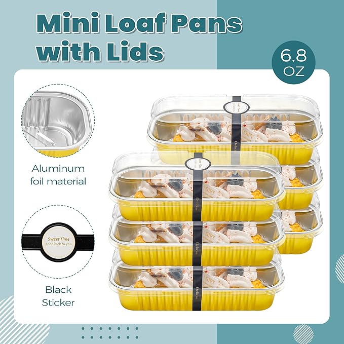 50 Pack Mini Loaf Pans with Lids Rectangle Individual Cake Pans Aluminum Foil Pans for Large Gatherings Picnics Vacations Parties, Graduation Gifts Party Favors(Gold, 6.8 OZ)