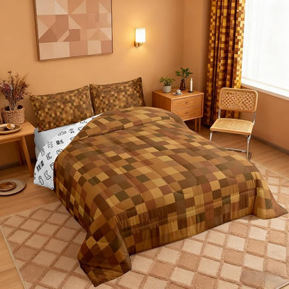Manfei Pixelated Comforter Set Queen Size,Miners Lattice Games Duvet Insert Adults Bedroom Decor,Abstract Simple Grid Bedding Set,Brown Ultra Soft Microfiber Inner Fill 3Pcs Bedding