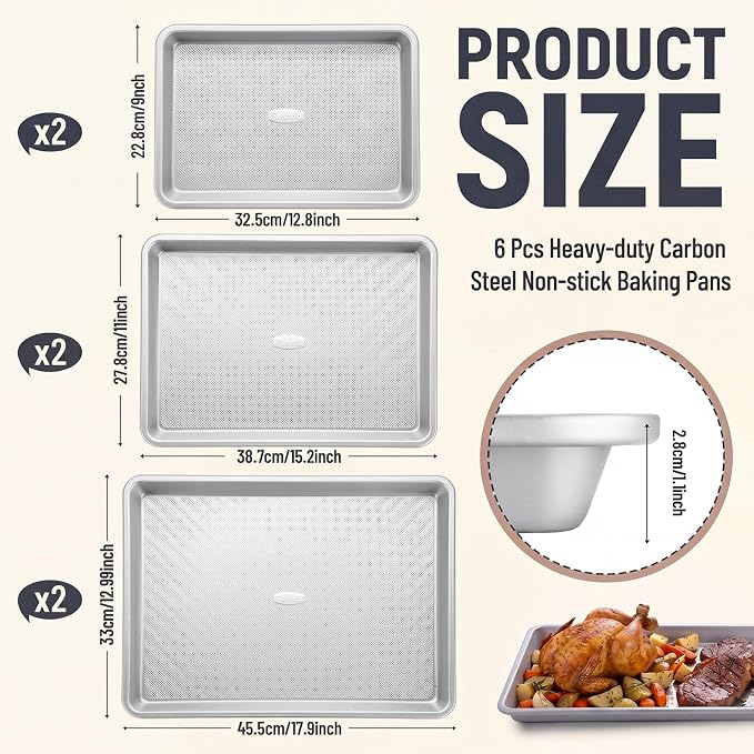 Roshtia 6 Packs Non Stick Baking Pan Set, Heavy-gauge Carbon Steel 13 Inch 15 Inch 18 in Commercial Home Baking Sheet Pans Cookie Sheets, Half/quarter Pans for Oven