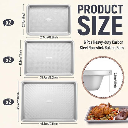 Roshtia 6 Packs Non Stick Baking Pan Set, Heavy-gauge Carbon Steel 13 Inch 15 Inch 18 in Commercial Home Baking Sheet Pans Cookie Sheets, Half/quarter Pans for Oven