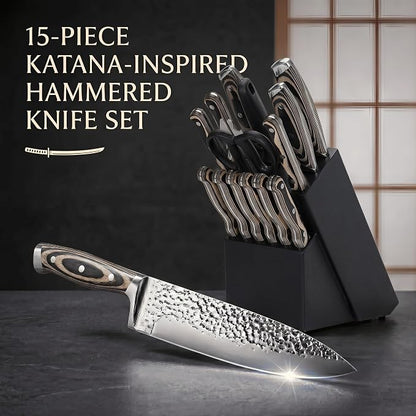 Methway Knife Set, 15-Piece Kitchen Knife Set with Block, High Carbon Stainless Steel Japanese Knife Set, Sharp Hammered Finish, Full Tang, Ergonomic Wood Grain Handle, Dishwasher Safe, Gray