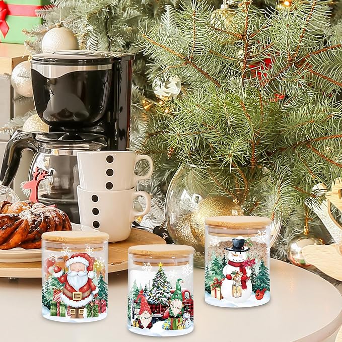 JarThenaAMCS 3Pcs Christmas Glass Storage Jars with Airtight Lid Watercolor Snowman Santa Gnome Decorative Canisters Sets for Winter Xmas Home Kitchen Countertop