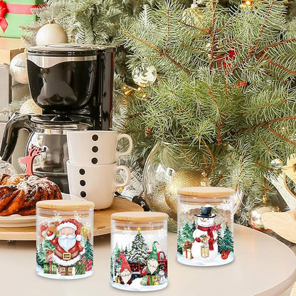 JarThenaAMCS 3Pcs Christmas Glass Storage Jars with Airtight Lid Watercolor Snowman Santa Gnome Decorative Canisters Sets for Winter Xmas Home Kitchen Countertop