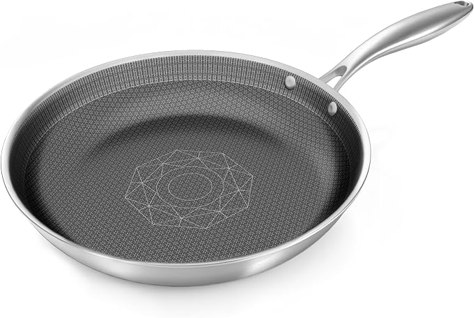 COOKER KING 12-Inch Stainless Steel Pan, Hybrid Nonstick Frying Pan – 3-Ply Clad Cookware, Healthy & Non-Toxic, Dishwasher & Oven Safe, Stay-Cool Handle, Induction Compatible – Metal Utensil Safe