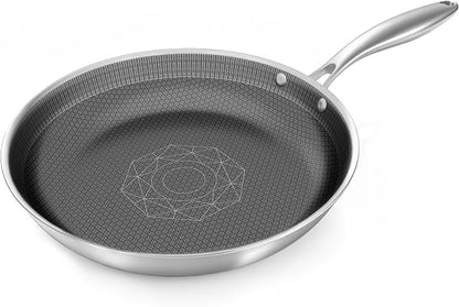COOKER KING 12-Inch Stainless Steel Pan, Hybrid Nonstick Frying Pan – 3-Ply Clad Cookware, Healthy & Non-Toxic, Dishwasher & Oven Safe, Stay-Cool Handle, Induction Compatible – Metal Utensil Safe