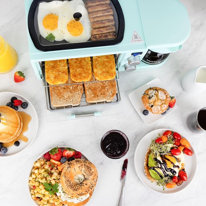 Nostalgia 3-in-1 Retro Breakfast Station - Includes 5 (4 Oz) Cup Coffee Maker, Non-Stick Ceramic Griddle, and 4-Slice Toaster Oven - Built-In Timer, Reusable Coffee Filter, Space-Saving Design - Aqua
