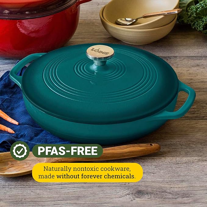 Lodge Essential Enamel Braiser 3.5 Quart - Refrigerator- & Oven-Safe up to 500° F - Heat-Retaining, Induction-Safe & PFAS-Free Enamel Cookware - Lagoon