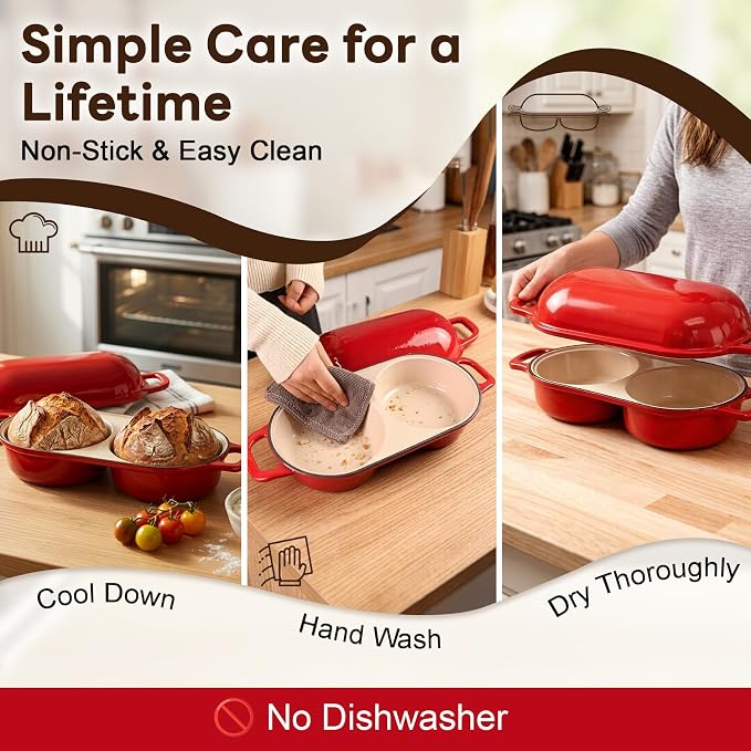 Double Dutch Oven Bread Baker, Cast Iron Sourdough Baking Pan with Lid, Dual Loaf Artisan Bread Cooker, Small Dutch Oven for Bread Baking for Home Kitchen, Professional 500°F Heat Resistant Red Enamel