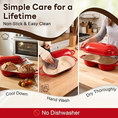 Double Dutch Oven Bread Baker, Cast Iron Sourdough Baking Pan with Lid, Dual Loaf Artisan Bread Cooker, Small Dutch Oven for Bread Baking for Home Kitchen, Professional 500°F Heat Resistant Red Enamel
