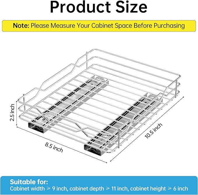 BOIVSHI Spice Rack Organizer for Cabinet, Heavy Duty Pull Out Spice Rack, Metal 1 Tier Spice Organizer for Cabinet, Kitchen, Pantry, Chrome, 8.5”W x 10.5”D x 2.3”H