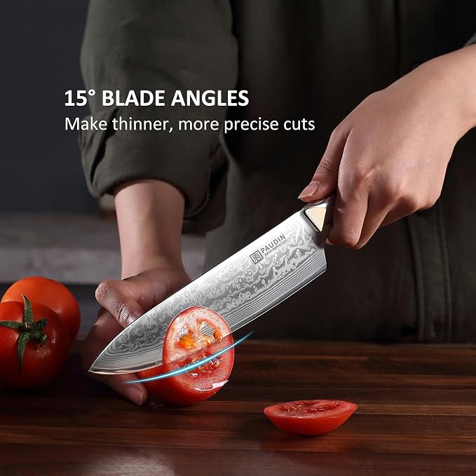 PAUDIN Damascus Chef Knife, 8 Inch Kitchen Knife, 67 Layers Damascus Steel Knife Japanese VG10 Core, Non-slip Ultra Sharp Chefs Knife with Ergonomic G10 Handle