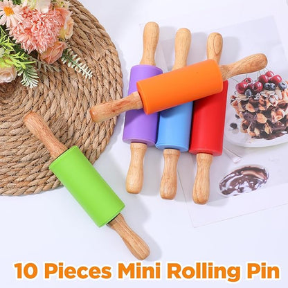 10 Pcs 9 Inch Mini Rolling Pin for Kids, Silicone Wooden Non-Stick Cooking Pins Baking, 5 Colors for Kitchen Dough Cookie Pastry Fondant Cake