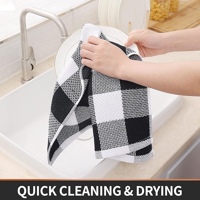 Homaxy 100% Cotton Waffle Weave Check Plaid Kitchen Towels, 13 x 28 Inches, Super Soft and Absorbent Dish Towels for Drying Dishes, 6-Pack, White & Black