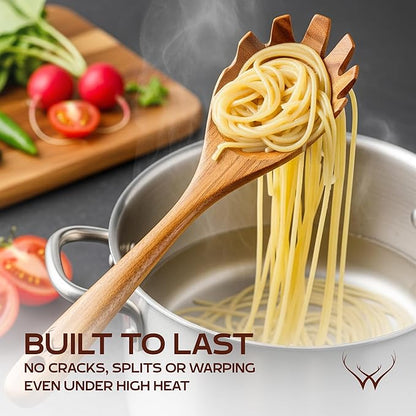 12 Pcs Wooden Cooking Utensils Set – Luxury Wooden Kitchen Utensils with Holder, Versatile Wooden Spoons for Cooking & Durable Teak Wood Utensil Set for Modern Home - Cooking spoons with Spatula