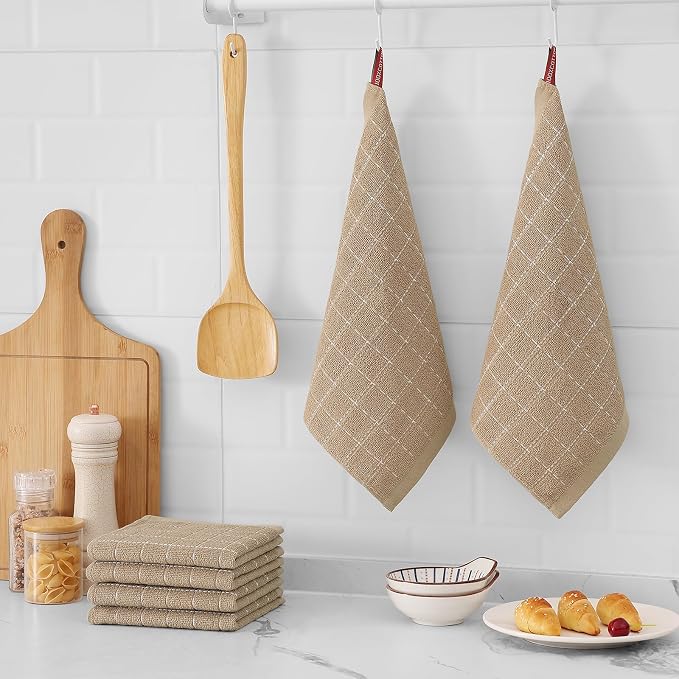 Mordimy 100% Cotton Terry Cloth Dish Cloths, Soft and Absorbent Checkered Dish Towels, Quick Drying Dish Rags for Washing Dishes, 12 Pack, 12 x 12 Inches, Tan