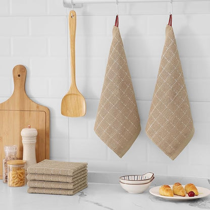 Mordimy 100% Cotton Terry Cloth Dish Cloths, Soft and Absorbent Checkered Dish Towels, Quick Drying Dish Rags for Washing Dishes, 12 Pack, 12 x 12 Inches, Tan