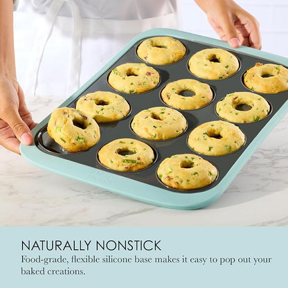 Chicago Metallic Silicone Donut Pan, 12 Cup Blue Nonstick Baking Pan for Donuts, Bagels and More, Wire-Reinforced Rim, Oven Safe to 428F, 14.6 x 10 x 1.4 Inches