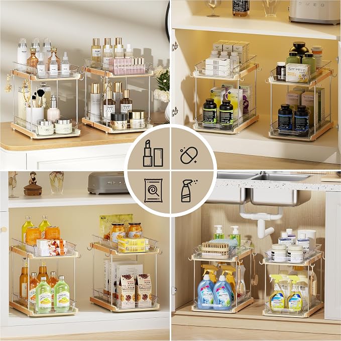 Delamu 2 Tier Under Sink Organizer Bathroom, Bathroom Cabinet Organizer with Snap-Lock Design and Hooks, Pull Out Storage with Movable Dividers, for Countertop, Kitchen and Pantry (White, 2 Pack)