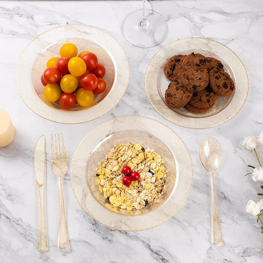 Goodluck 100 Pack Gold Glitter Plastic Bowls, 12oz Disposable Soup Bowls, Heavy Duty Dessert Bowls for Weddings, Parties, Dinners, Catering, Christmas and Everyday Use