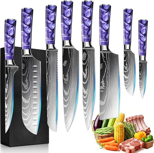 8-Piece Premium Japanese Kitchen Knife Set - Star Collection, Laser Damascus Pattern, 440A Stainless Steel Ultra Sharp for Fast Cutting (DMS-8A-Purple)