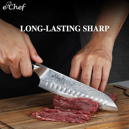 Damascus Santoku Knife 7-Inch, Professional Meat and Vegetable VG-10 Steel Kitchen Knife, G10 Bionic Wood Grain Handle Sharp Chef Knife, Comes with Gift Box (7-inch Santoku Knife)