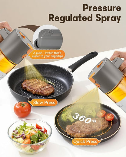 OURCABECUE Upgrade 2 in 1 Oil Sprayer for Cooking, 17oz Light-Blocking Glass Olive Oil Dispenser Bottle for Kitchen,Food-Grade Oil Mister with 8 Stickers for Salad, Frying (Grey)