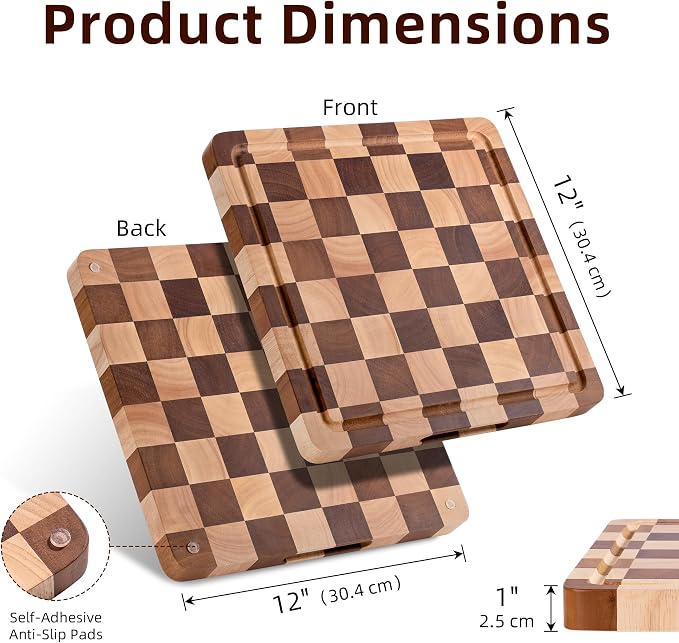 Checkered Cutting Board, Square Wooden Checkerboard Cutting Board for Kitchen 12 x 12 x 1", Rubber Wood Butcher Block Chopping Board with Juice Grooves & Handles for Meat, Vegetables & Cheese