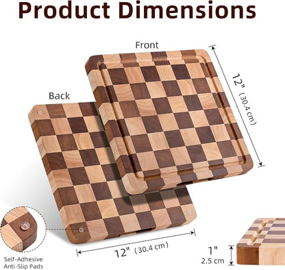 Checkered Cutting Board, Square Wooden Checkerboard Cutting Board for Kitchen 12 x 12 x 1", Rubber Wood Butcher Block Chopping Board with Juice Grooves & Handles for Meat, Vegetables & Cheese